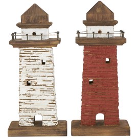 Deco 79 Wood Light House Decorative Sculpture Distressed Home Decor Statues with Cream and Brown Accents, Set of 2 Accent Figurines 7" W, 15" H, Red