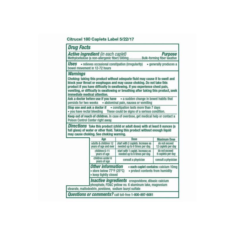 Citrucel Methylcellulose Fiber Therapy for Regularity, Fiber Caplets, 180-Count Bottle