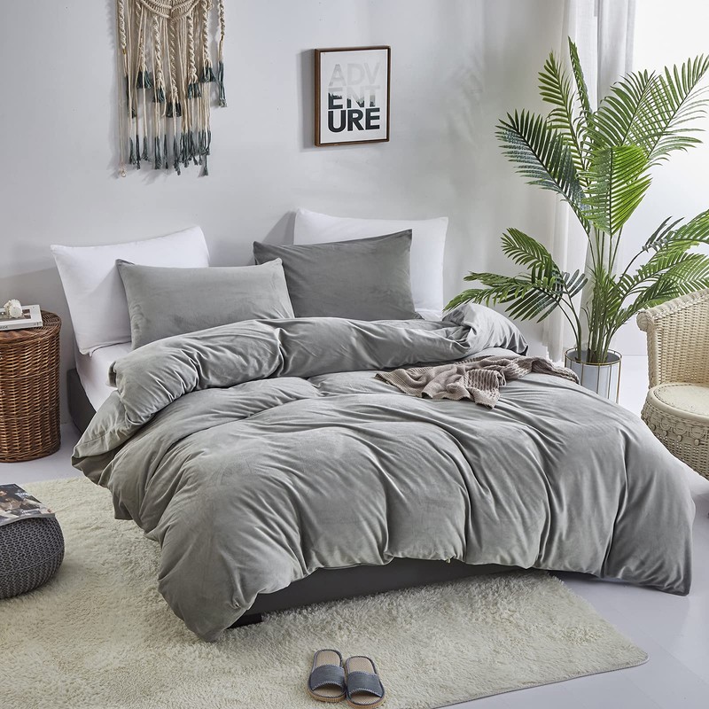 CLOTHKNOW Grey Velvet Twin Comforter Set 3Pcs Gray Fluffy Bedding