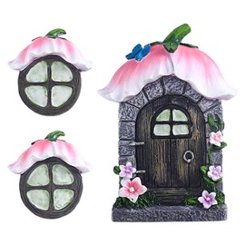 ALEMIN Fairy Door Garden Fairy Door and Window for Trees, 14 cm Resin Miniature Elf Door, Gnome Door, Garden Decoration, Glow in the Dark (Flower)