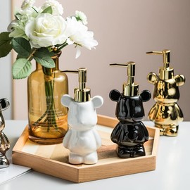 Small Bathroom Soap Dispenser with Pump, Cute Bear-shaped Design, Ceramic Liquid Soap Dispenser (Black)