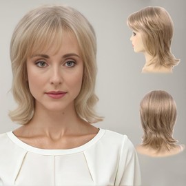 R REEWES FASHION HAIR Layered Blonde Short Wig with Bangs for White Women, Straight Synthetic Fiber Wigs Natural Looking Daily Party Wig