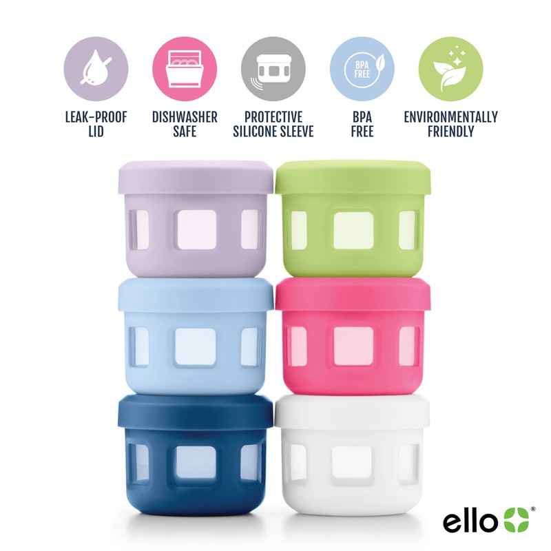 Ello Reusable Plastic Condiment Containers 4oz each with Screw-on Leak