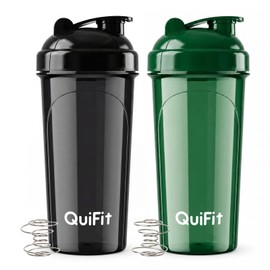 QuiFit Protein Shaker Bottle 2 Pack, 700ML Shaker Water Bottle with Stainless Steel Mixing Ball, Shaker Cup for Supplement Powder Smoothie, Lump-Free BPA Free Dishwasher Safe (Green+Black)