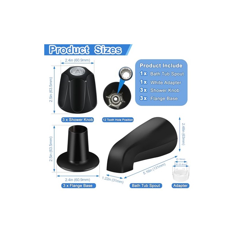 Matte Black Bath Tub Spout Shower Trim Kit, with 3
