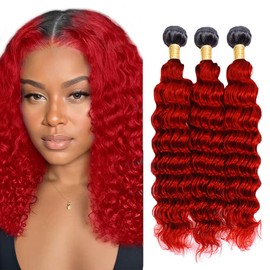 CnumGunm Bright Red Bundles Human Hair Ombre Red Deep Wave 3 Bundles 14 16 18 inch Double Weft 1B/Red Human Hair Bundle for Women