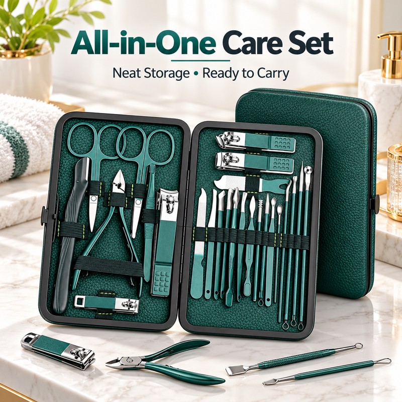 24-Piece Stainless Steel Manicure Pedicure Set – Green Nail Clippers,