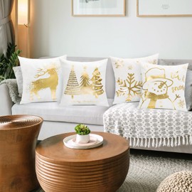 TAJWE White Gold Christmas Throw Pillow Covers 18x18 Inch Set of 4 Snowman Snowflake Xmas Tree and Reindeer Decorative Pillowcases Gold Winter Holiday Cushion Cases Decoration for Sofa Couch