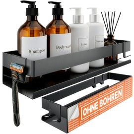 Minismus Shower Shelf No Drilling Black Shower Shelf with Safety Strip and Hooks, Wall Shelf No Drilling, Bathroom Organiser, Shampoo Holder Shower, Gluing or Screws, Stainless Steel