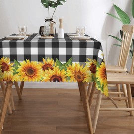 LALIMEYA Sunflower Checkered Tablecloth Black White Buffalo Check Plaid Rectangle Table Cloth Yellow Sunflower Farmhouse Washable Table Cover with Wavy Edging Suitable for Dining Kitchen 54×72 in