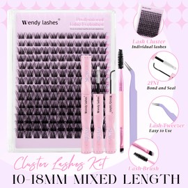 Lash Clusters Kit Natural Eyelashes Individual D-Curl Soft Cluster Lashes WD01 10-18mm Mixed Russian DIY Lash Extension Kit with Lash Bond and Seal(FK/KIT-WD01-D-Mix1018)