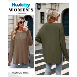 Huukeay 3 Pack Oversized Long Sleeve Shirts for Women Cotton Workout Side Split Gym Crewneck Tops Loose Basic Tee Fall(Black, Army Green, Coffee,Large)