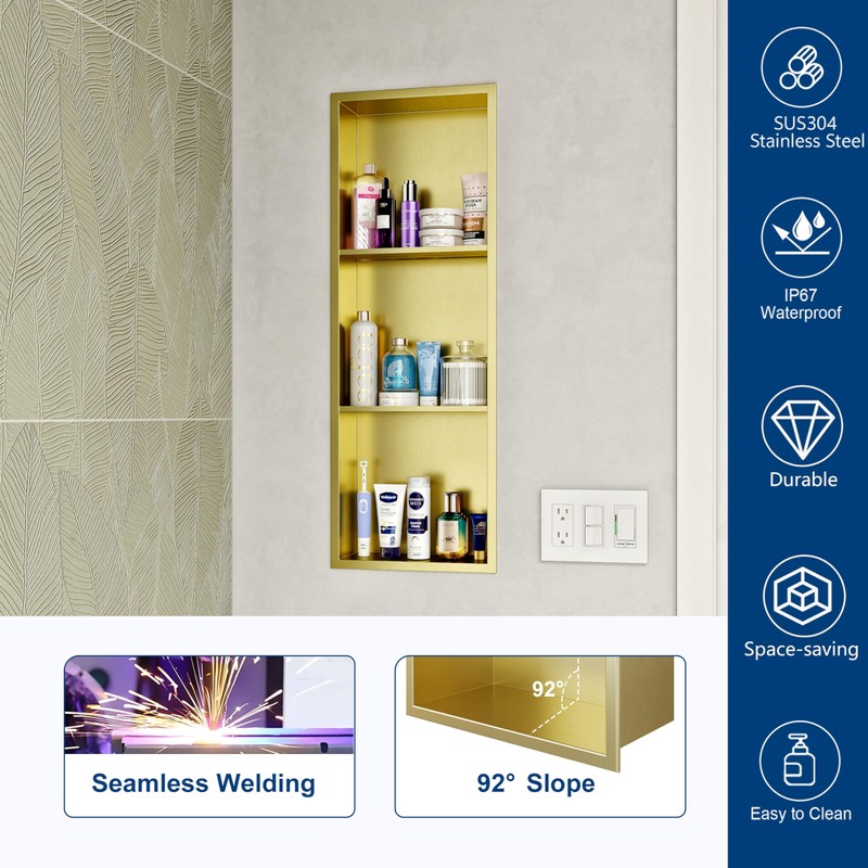 3-Tier Gold Recessed Shower Niche, 12X36 Inch Wall Niche