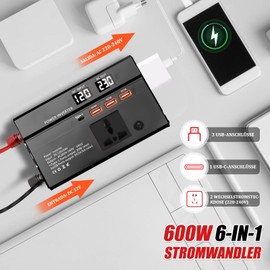 WODHMIEY 600W Kfz Wechselrichter 12V/24V auf 230V–Auto Spannungswandler mit 2 Steckdose, 3 USB, 1 Type-C, Schnellladung, Dual-LED-Display, für Camping, Reisen, Wohnmobil, LKW & Notfallstromversorgung