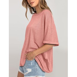 UEU Summer Oversized Tops for Women Crewneck Loose Fit T-Shirt Workout Tee Large Pink