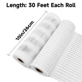 KINGLAKE White Christmas Mesh Ribbon 10 Inch x 30 Feet(10Yard) White Silver Striped Metallic Foil Ribbon 2 Rolls Sliver Deco Poly Mesh Ribbon for Xmas Tree Wreath Garland Swags Crafts Decoration