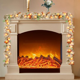 9Ft Fall Garland with Lights Plug in Fall Decorations for Home 50 White Bulbs Connectable Lighted Thanksgiving Garland for Indoor Outdoor Harvest Mantle Fireplace Fall Decor(2 Packs)