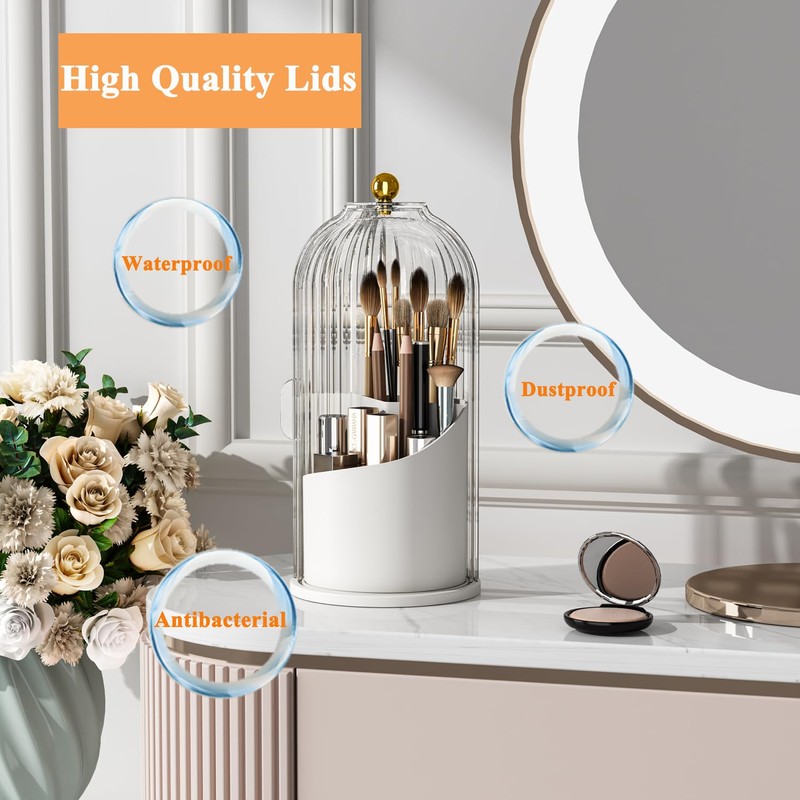 Growsun Rotating Makeup Brush Holder Organizer with Lid 360°Spinning Waterproof