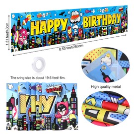 DPKOW Happy Birthday Banner for Kids Boys Hero Themed Birthday Party Decoration, Long Fabric Birthday Party Banner Hero Photo Backdrop Banner for Indoor Outdoor Background Decoration, 8.5 * 1.3 Feet