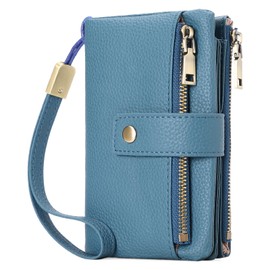SENDEFN Purses for Women, Medium Size, Triple Foldable Leather Purse, RFID Blocking Wallet with Card Slots, Coin Compartment and Removable Hand Strap, blue, Retro