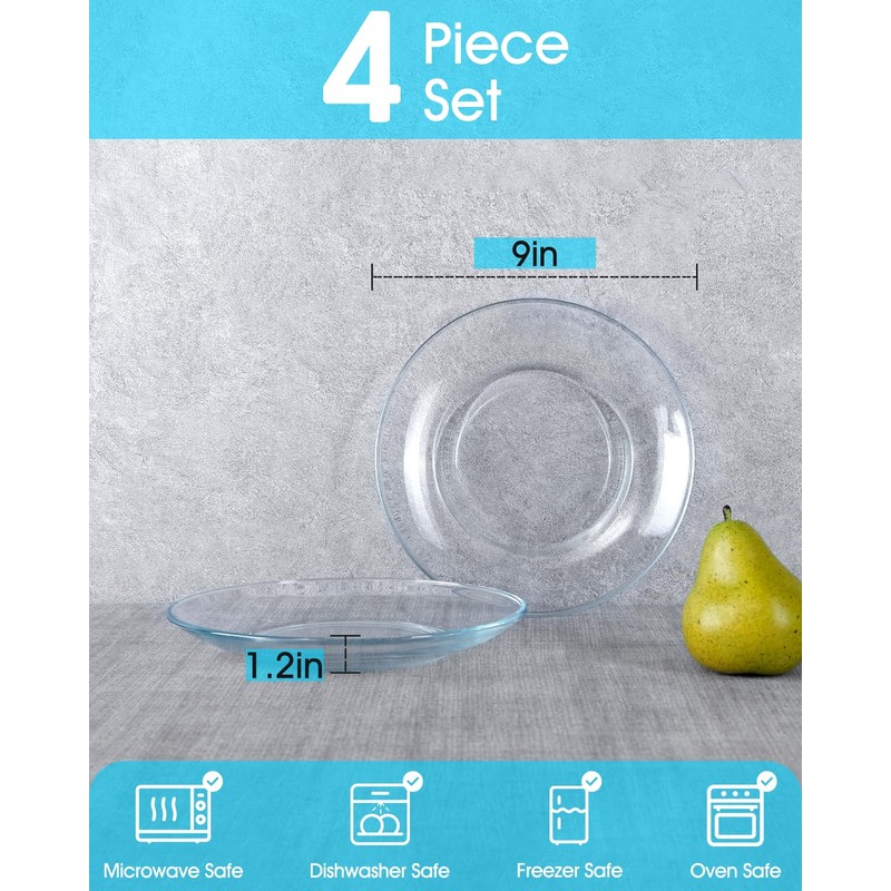 NUTRIUPS 4 Pack 9 inch Tempered Glass Dinner Plates, Clear