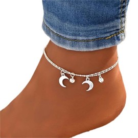YienDoo Boho Moon Anklet Bracelet Double Layer Silver Crescent Pendant Ankle Chain Tiny Bell Anklet Minimalist Hawaiian Beach Moon Foot Chain Jewelry for Women and Girls
