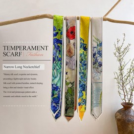 LumiSyne Skinny Silk Scarf Women Girls Slim Long Neckerchief Artistic Oil Painting Printed Fresh Nature Style Lightweight Satin Scarf Headbands Headdress Hair Scarf Grip Wrap Ribbon, green wheat field