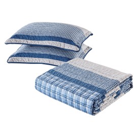 All American Collection Blue and Gray Modern Plaid Bedspread and Pillow Sham Set | Matching Curtains Available! (King/Cal King Size)