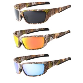 Hornz Brown Forest & Orange Camouflage Polarised Sunglasses for Men Full Frame Strong Arms & Free Matching Microfiber Pouch (Brown Forest Camo, 3 Pack- Smoke, Orange & Blue)