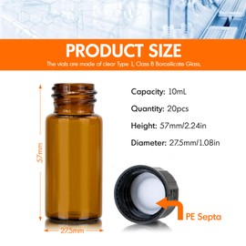 PEKYBIO 20PCS 10ML 0.34OZ Amber Small Liquid Sample Glass Vials with Screw Caps, 22mmx 52mm Leak-Proof Vial, 18-400 Black Screw Cap with PE Liners for Lab, Essential Oil, Perfume, Reagents
