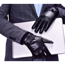 YISEVEN Men's Ribbed Cuff Fleece Lined Lambskin Leather Gloves Touchscreen Winter Warm Soft Genuine Sheepskin Luxury Dress Fashion Driving Motorcycle Cold Weather Gifts, Black 9.0"/M