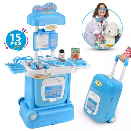 Ondekt Kids Doctor Set, 15 Pieces Playset On Trolley, Small Suitcase
