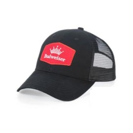 Budweiser Mesh Trucker Hat, Black Snapback Baseball Cap with Crown Logo Patch
