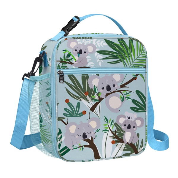 Clastyle Small Insulated Lunch Bag Kids Girls Boys Large Portable Lunch Bag for Picnic, Schools, Lightweight Cool Bag with Bottle Holder, Leak-Proof, Bag Strap, Green Koalas