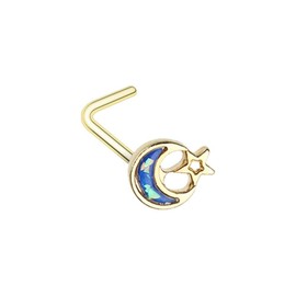 Covet Jewelry Golden Opal Crescent Moon & Star L-Shape Nose Ring