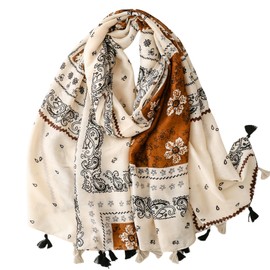 WaJuemy Travel Boho Scarf for Women Casual Lightweight Pashmina Scarves Fashion Multicolor Shawl Wraps with Fringed Beads (33 Beige Boho)