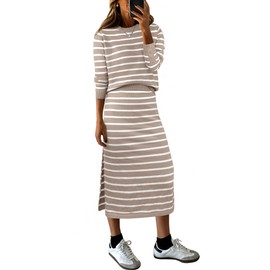 ANRABESS Women 2 Piece Outfits Striped Sweater Skirt Sets 2025 Fall Casual Long Sleeve Pullover Top Lounge Travel Midi Dress Almond White Medium