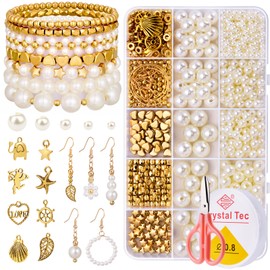 TsMADDTs Pearl Beads for Bracelets, Bracelets Making Kit with Pearl Beads for Jewelry Making Gold Spacer Beads for Adults DIY Friendship Bracelet Necklace and Earring Supplies