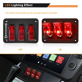 GOOACC 3 Gang Toggle Switch 12V Rocker Switch Panel with LED Light and Flip Cover Heavy-Duty ON Off Switch Plate 3 Pin SPST Rocker Switch，2 Years Warranty