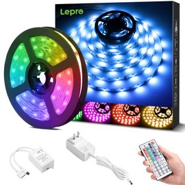 Lepro SMD 5050 LED Light Strip, 16.4 ft (5 m), RGB, High Brightness, Dimmable, 150 high-density, 44-key remote control, 12V, Cuttable, Bright Light, 3M Double-sided Tape, Non-waterproof