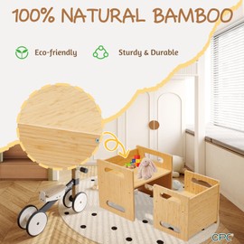 HOMMOW Montessori Table and Chair Set,Bamboo Wood Weaning Table and Chair Set,Adjustable Height Kids Montessori Furniture for Reading,Dining,Playing(Big Size)