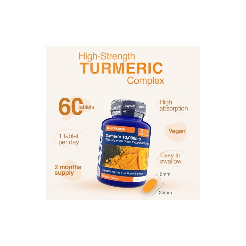 Zipvit Turmeric Tablets 10,000mg Providing 95% Active Curcumin with Bioperine