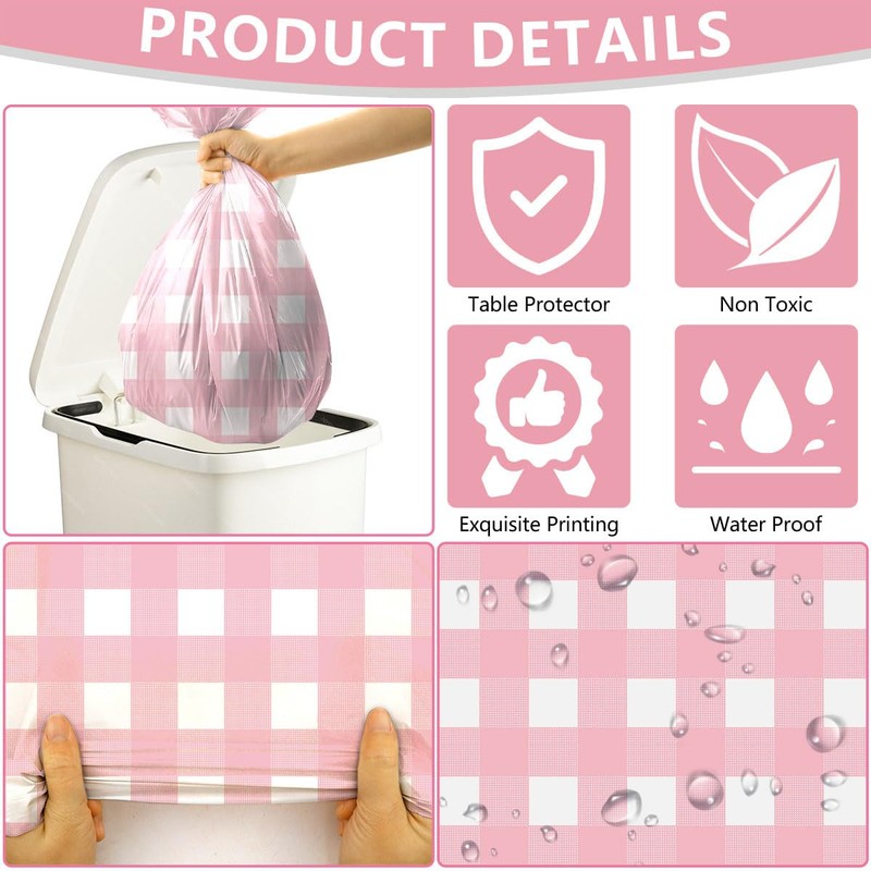 FuenteOrilla 4 Pcs Pink and White Checkered Tablecloths Waterproof Rectangle