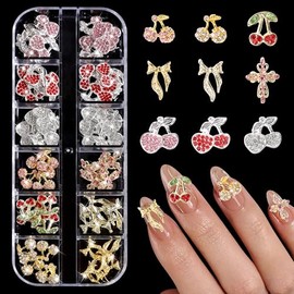60 Pcs 3D Cherry Bow Nail Charms Gems Set, Pink Red Bows Nail Art Jewels, 9 Styles Gold Nail Cherry Cross Charms for Nail Art Design Y2K DIY Accessories