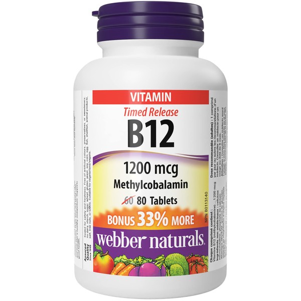 Webber Naturals Vitamin B12 1200 mcg, Timed Release, 80 Tablets, Supports Energy Production and Metabolism, Vegan