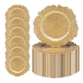 MAONAME 13" Gold Charger Plates, Round Reef Chargers for Dinner Plates, Plastic Plate Chargers Bulk for Table Setting, Wedding Decor, Set of 50