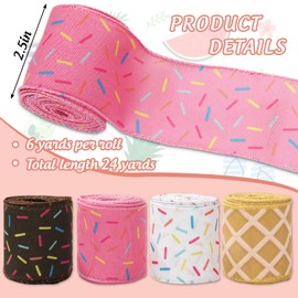 JarThenaAMCS Sprinkle Ice Cream Wired Edge Ribbons Summer Colorful Pink Fabric Wrapping Ribbons for Wreath Bow Making DIY Crafts Supplies, 4 Rolls, 24 Yard