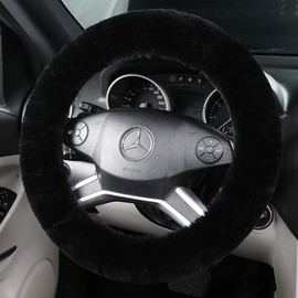 Soft Fluffy Sheepskin Car Steering Wheel Cover for Universal Auto Vehicle Women Man 14 1/2 inch-15 1/2inch Fuzzy Accessories (Alpine Green)