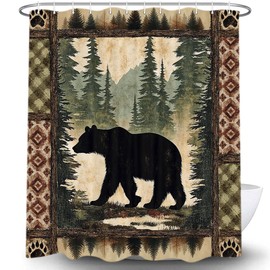 Uokiuki Cabin Bear Shower Curtain, Rustic Deer Hunting Decor Bath Curtains, Farmhouse Country Wooden Camping Forest Waterproof Fabric Bathroom Accessories Set, 60X70 inch with Hooks