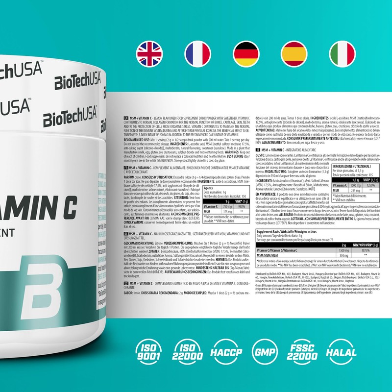 BioTechUSA MSM + Vitamin C Dietary Supplement Beverage Powder with